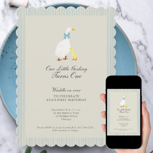 Little gosling illustration baby first birthday invitation