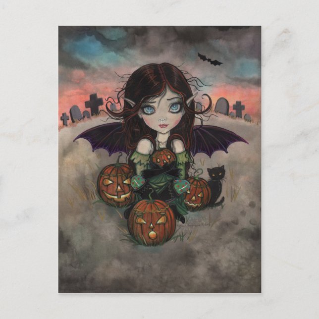 Little Gothic Halloween Fairy Vampire Art Postcard (Front)