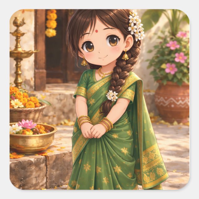 Little Grace in Green Square Sticker (Front)