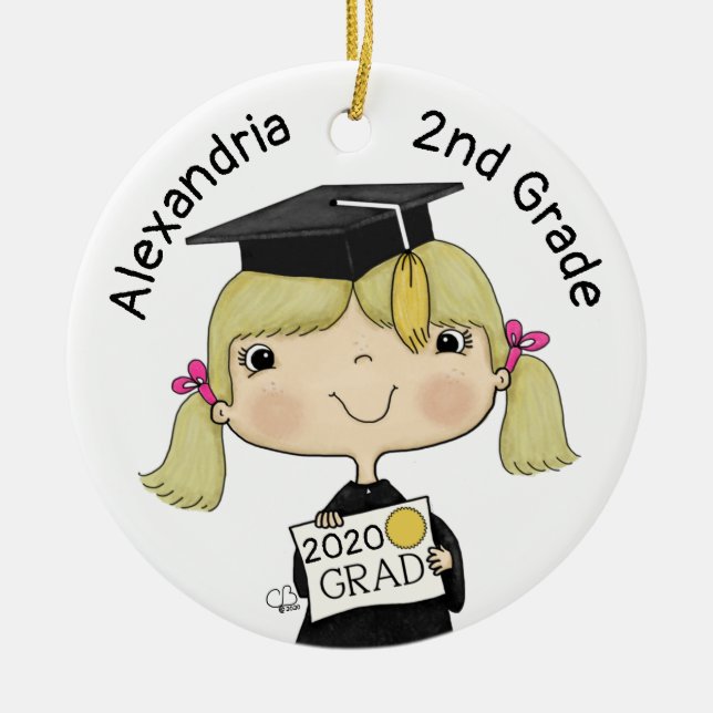 Little Graduate Girl Blonde Hair Ceramic Tree Decoration (Front)