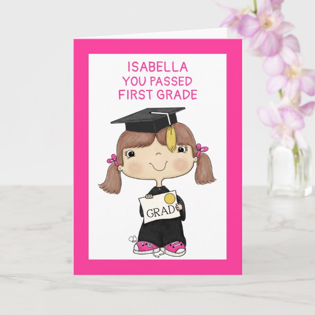 Little Graduate Girl Brown Hair Card (Orchid)