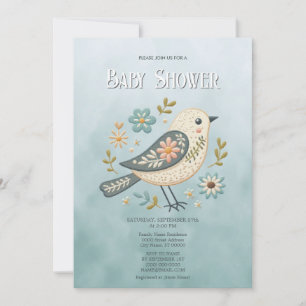 Little Green Bird Floral Baby Shower Invitation