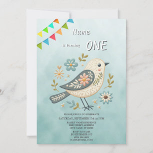Little Green Bird Floral Birthday Party Invitation