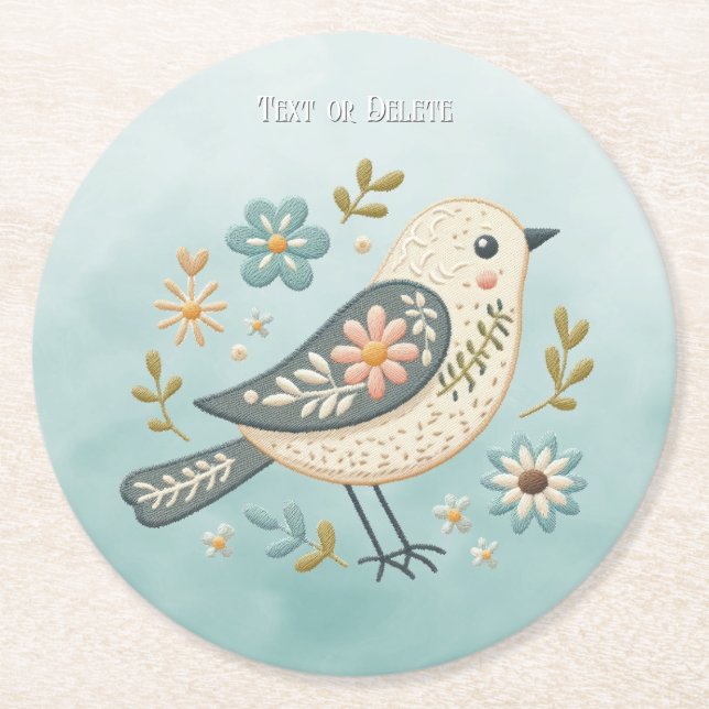 Little Green Bird Floral Paper Coaster (Front)