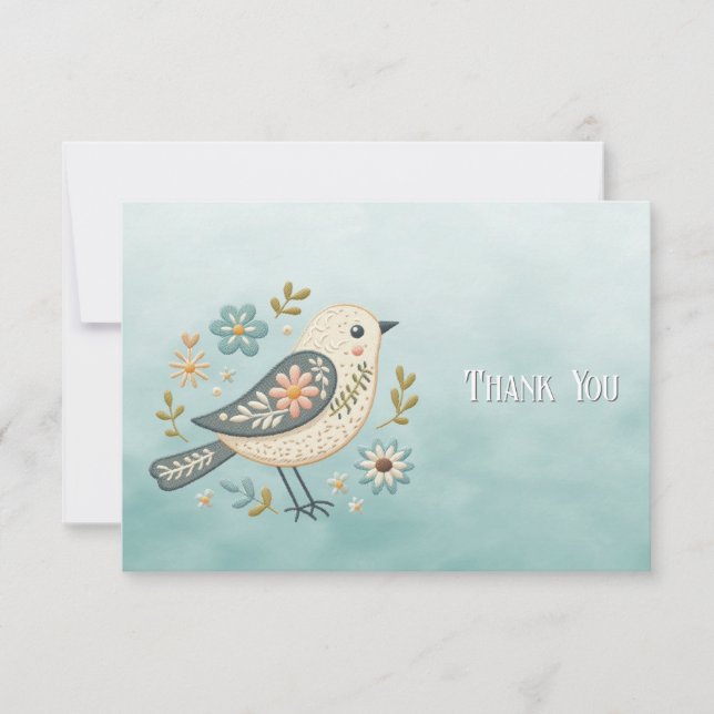 Little Green Bird Floral Thank You Card (Front)