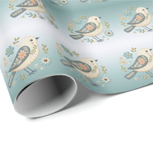 Little Green Bird Floral Wrapping Paper