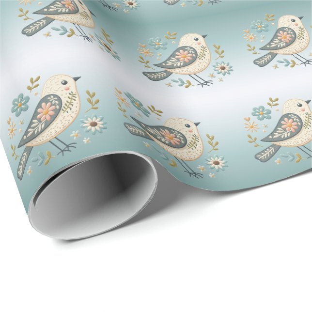 Little Green Bird Floral Wrapping Paper (Roll Corner)
