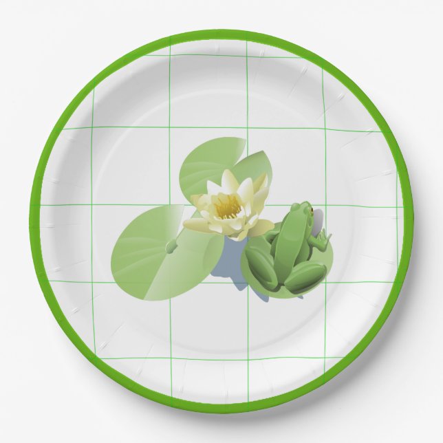 Little Green Frog Sitting on a Lily Pad Paper Plate (Front)