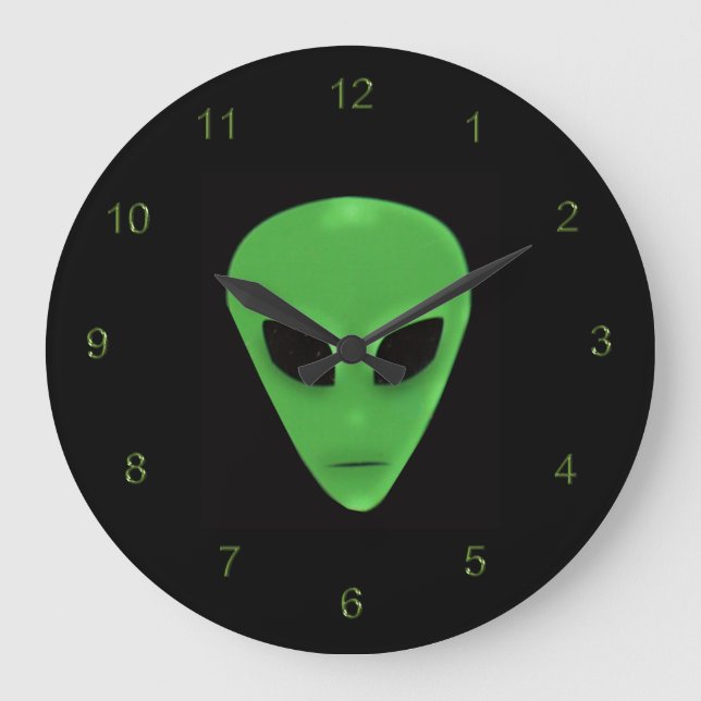 Little Green Man Alien Face Large Clock (Front)