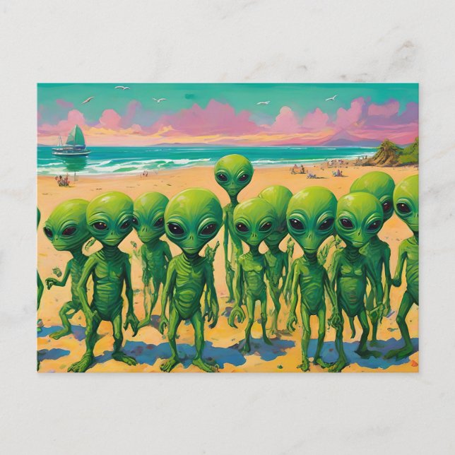 little green men aliens on a beach postcard (Front)