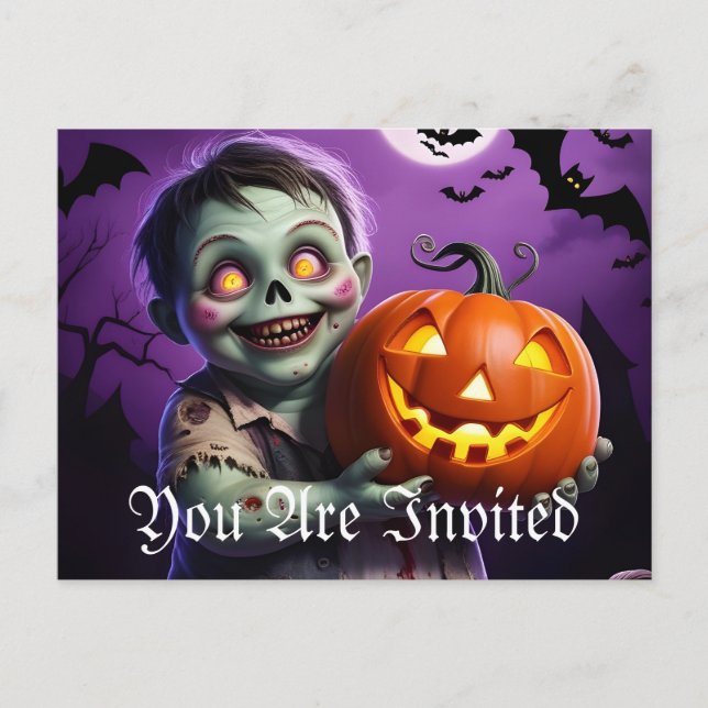 Little Green Monster & Pumpkin Friend Invitation Postcard (Front)