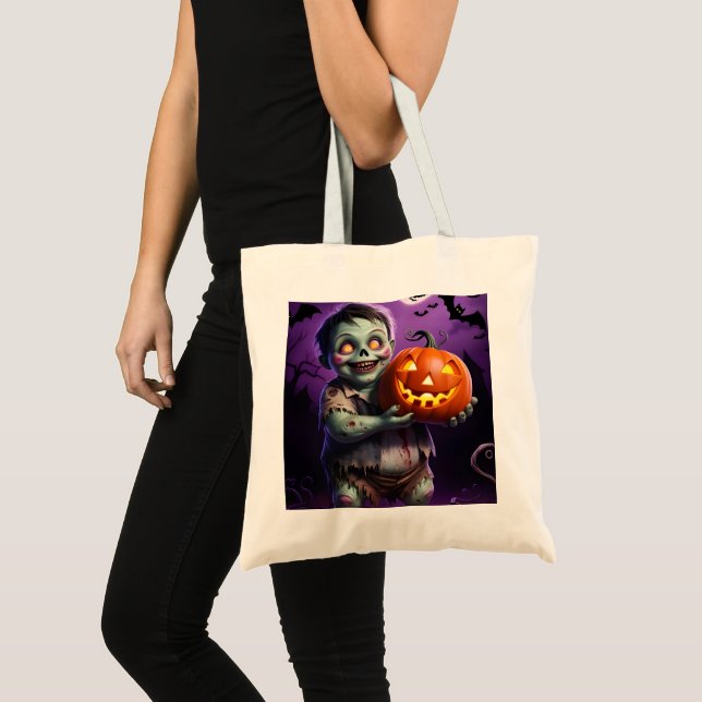 Little Green Monster & Pumpkin Friend Tote Bag (Front (Product))