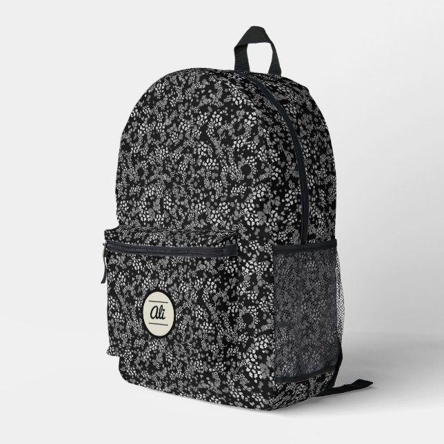 Little Grey Flowers black background Printed Backpack (Back Corner Right)
