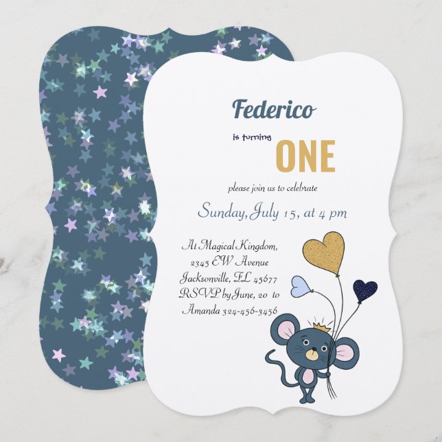 Little grey mouse birthday invitation  (Front/Back)