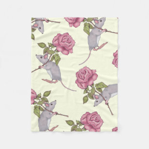 Little Grey Mouse Carrying Big Pink Rose Fleece Blanket