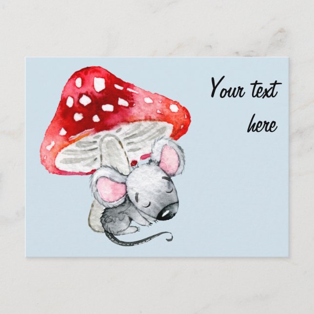 Little Grey Sleeping Mouse Under Red Mushroom Postcard (Front)