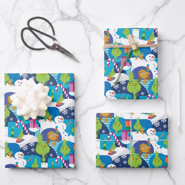 Little Grinch | Merry Grinchmas Colourful Pattern Wrapping Paper Sheet (Front)