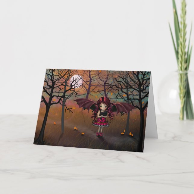 Little Halloween Vampire Girl with Black Cat Card (Front)
