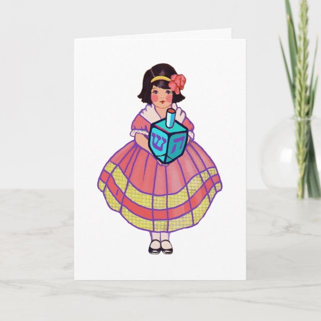 Little Hanukkah Girl with Big Dreidel Holiday Card (Front)