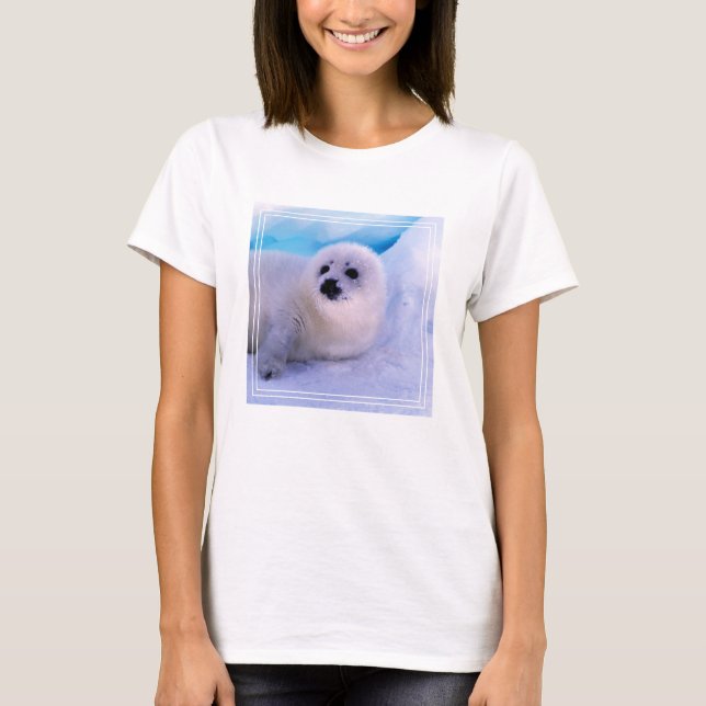 Little Harp Seal Pup Covered in Snowflakes T-Shirt (Front)
