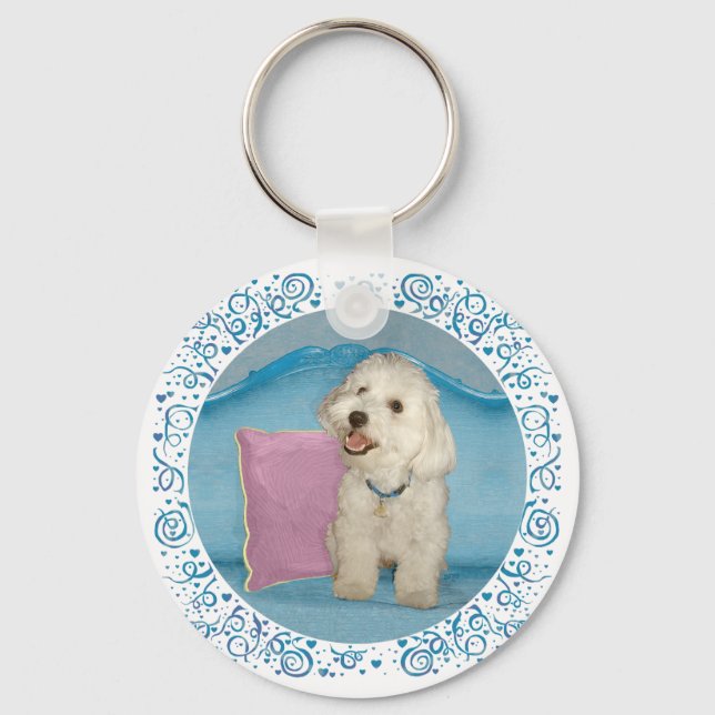 Little Havanese on Turquoise Sofa Key Ring (Front)