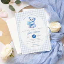 Little Heart Blue Gingham Teddy Bear Baby Shower