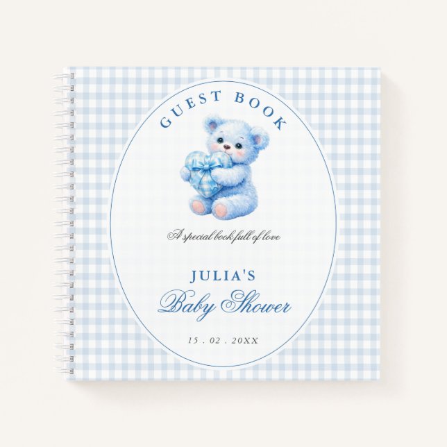 Little Heart Blue Gingham Teddy Bear Baby Shower Notebook (Front)