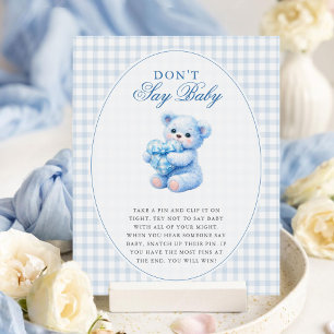 Little Heart Blue Gingham Teddy Bear Baby Shower Poster