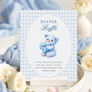 Little Heart Blue Gingham Teddy Bear Baby Shower Poster