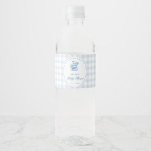 Little Heart Blue Gingham Teddy Bear Baby Shower Water Bottle Label