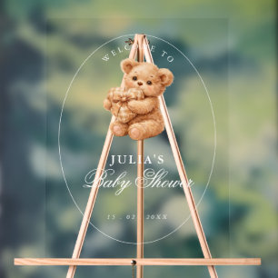 Little Heart Brown Gingham Teddy Bear Baby Shower Acrylic Sign