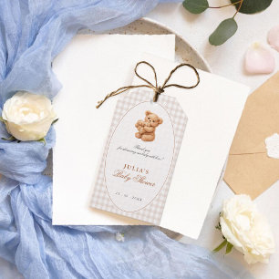 Little Heart Brown Gingham Teddy Bear Baby Shower Gift Tags