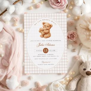 Little Heart Brown Gingham Teddy Bear Baby Shower Invitation