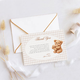 Little Heart Brown Gingham Teddy Bear Baby Shower Thank You Card