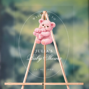Little Heart Pink Gingham Teddy Bear Baby Shower Acrylic Sign