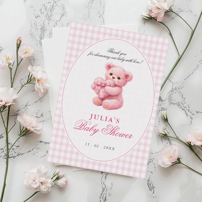 Little Heart Pink Gingham Teddy Bear Baby Shower Invitation (Creator Uploaded)