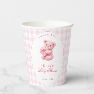 Little Heart Pink Gingham Teddy Bear Baby Shower Paper Cups