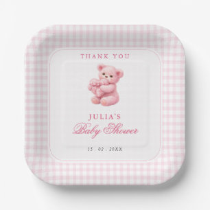 Little Heart Pink Gingham Teddy Bear Baby Shower Paper Plate