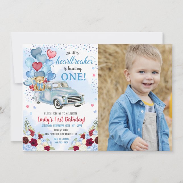 Little Heartbreaker Blue Truck Bear Birthday Photo Invitation (Front)