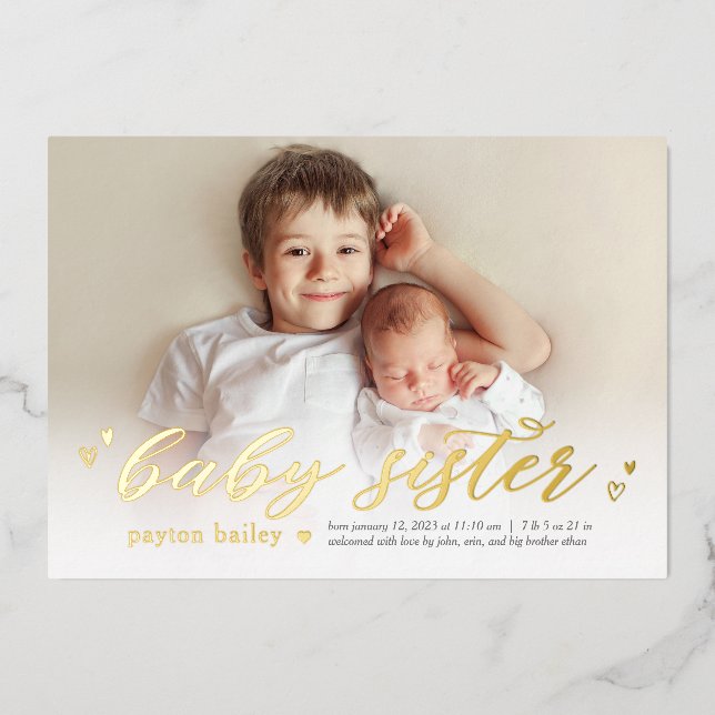 Little Hearts Baby Sister Foil Birth Announcement (Front)