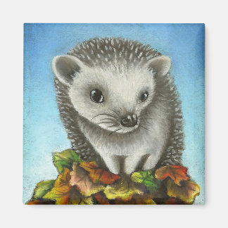 Little hedgehog on a big pile of leaves magnet