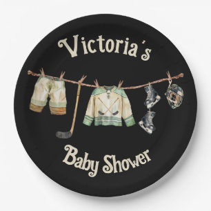 Little Hockey Player Baby Shower Clothesline Puck Paper Plate
