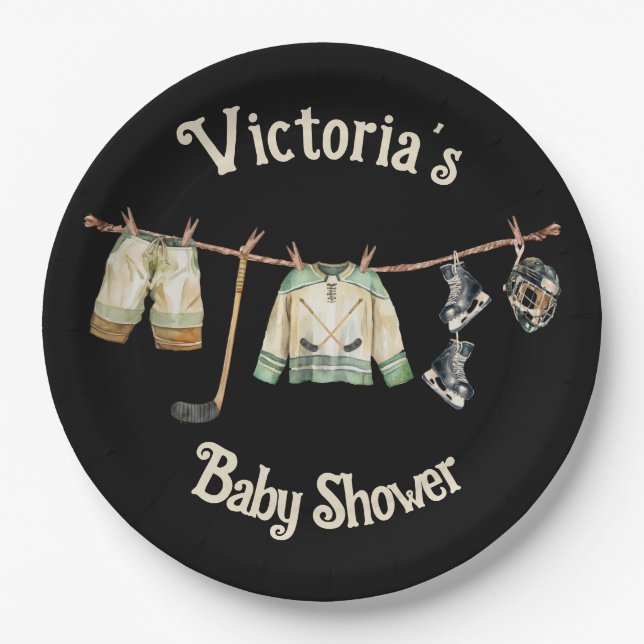 Little Hockey Player Baby Shower Clothesline Puck Paper Plate (Front)