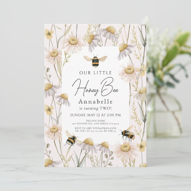 Little Honey Bee Chamomile Boho Pink Birthday Invitation (Standing Front)