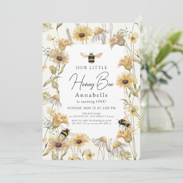Little Honey Bee Chamomile & Daisy 1st Birthday Invitation (Standing Front)