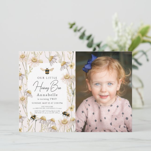 Little Honey Bee Chamomile Pink Birthday Photo Invitation (Standing Front)