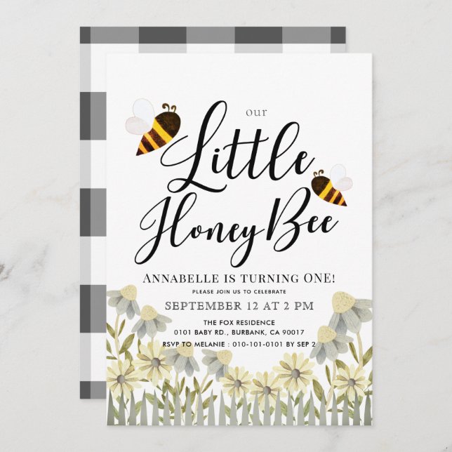 Little Honey Bee Daisy 1st Birthday Invitation (Front/Back)