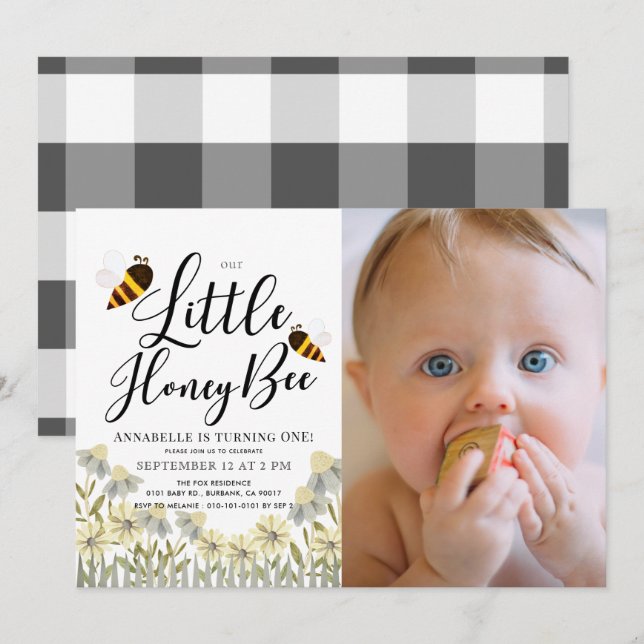 Little Honey Bee Daisy 1st Birthday Photo Invitation (Front/Back)