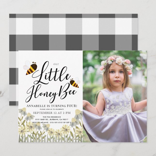 Little Honey Bee Daisy Birthday Photo Invitation (Front/Back)
