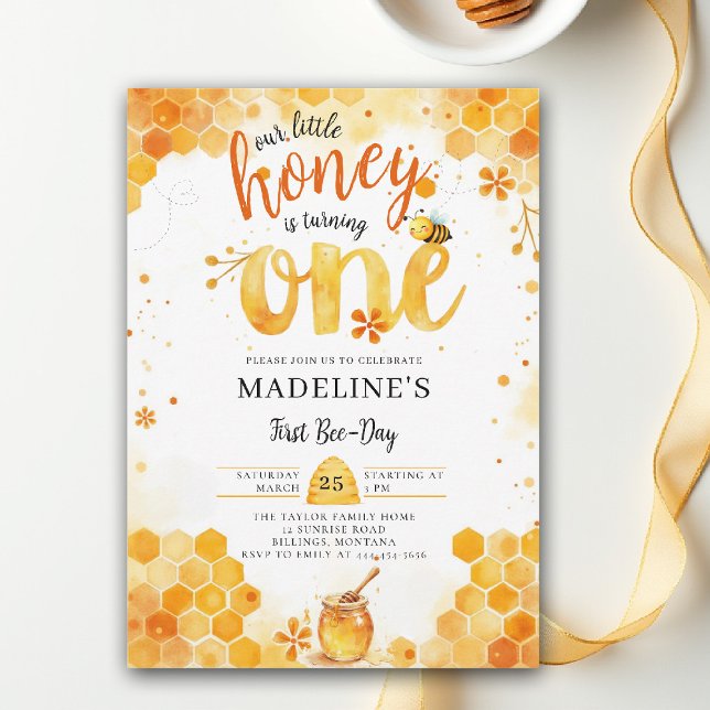 Little Honey Bee Day Cute Watercolor 1st Birthday Invitation (little honey bee one first birthday party invitation bumblebee floral watercolor summer cute)